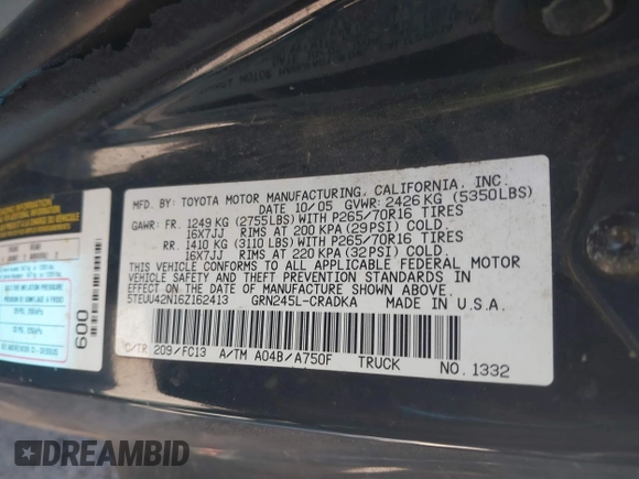 2006 Toyota Tacoma with VIN 5TEUU42N16Z162413, listed as a IAAI auction lot 41767068 with 300,572 mi miles. Bid and sale history available at carsss.com. Image 9.