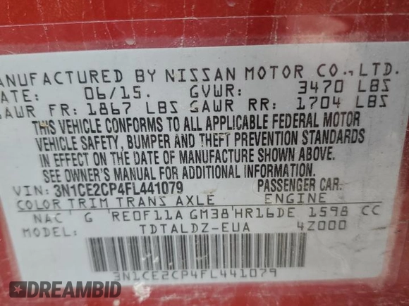 2015 Nissan Note SV with VIN 3N1CE2CP4FL441079, listed as a Copart auction lot 48210685 with 103,520 mi miles and Salvage Title. Bid and sale history available at DreamBid. Image 13.