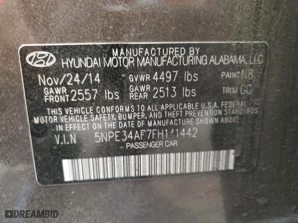 2015 Hyundai Sonata 2.4L Sport with VIN 5NPE34AF7FH141442, listed as a Copart auction lot 78897404 with 138,847 mi miles and Salvage Title. Bid and sale history available at carsss.com. Image 12.