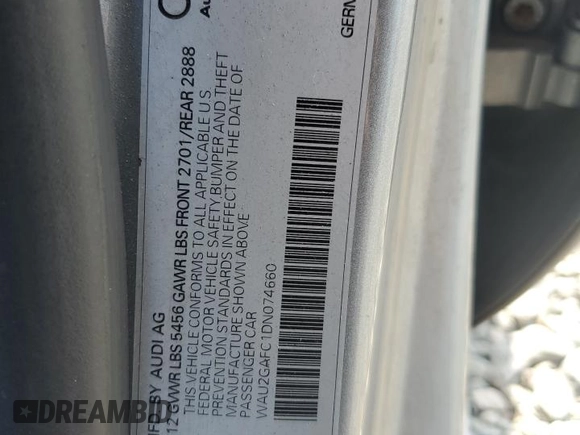 2013 Audi A7 Prestige with VIN WAU2GAFC1DN074660, listed as a Copart auction lot 62410655 with 164,801 mi miles and Salvage title. Bid and sale history available at DreamBid. Image 12.