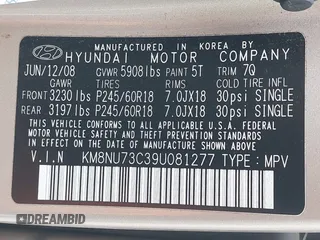 2009 Hyundai Veracruz GLS with VIN KM8NU73C39U081277, listed as a IAAI auction lot 41657976 with 80,605 mi miles and . Bid and sale history available at DreamBid. Image 9.