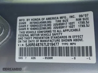 2007 Honda CR-V EX-L with VIN 5J6RE48767L019477, listed as a IAAI auction lot 41777174 with 110,475 mi miles. Bid and sale history available at carsss.com. Image 9.