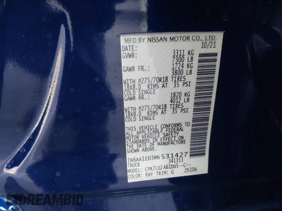 2021 Nissan Titan Pro-4X with VIN 1N6AA1ED3MN531427, listed as a IAAI auction lot 42615123 with 53,695 mi miles and . Bid and sale history available at DreamBid. Image 9.