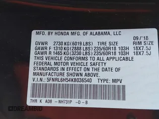 2019 Honda Odyssey EX with VIN 5FNRL6H54KB036540, listed as a IAAI auction lot 42124939 with 135,417 mi miles. Bid and sale history available at carsss.com. Image 9.