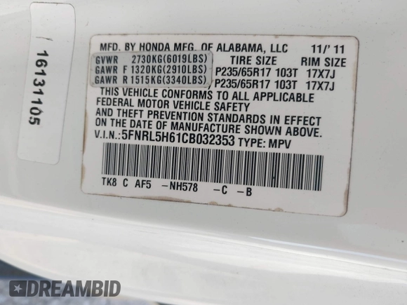 2012 Honda Odyssey EX-L z VIN 5FNRL5H61CB032353, wystawiony jako IAAI lot #42471691 z przebiegiem 186 257 mil mil oraz . Historia ofert i sprzedaży dostępna na DreamBid. Obrazek 9.