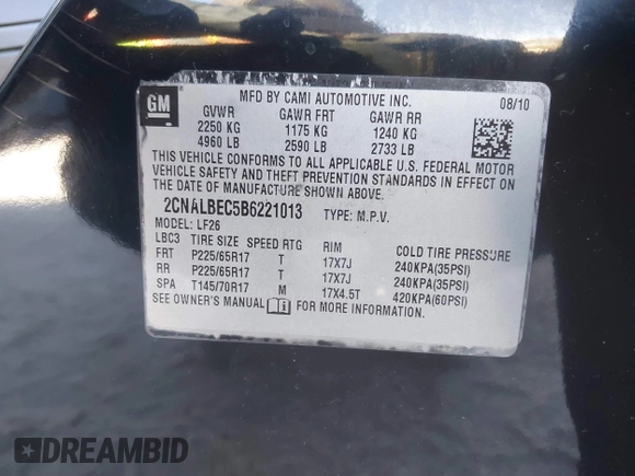 2011 Chevrolet Equinox LS with VIN 2CNALBEC5B6221013, listed as a IAAI auction lot 41749142 with 194,683 mi miles and . Bid and sale history available at DreamBid. Image 9.