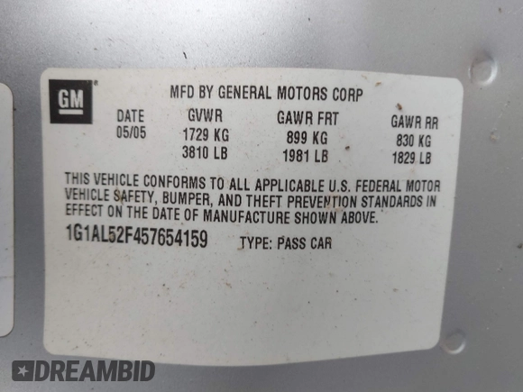 2005 Chevrolet Cobalt LS with VIN 1G1AL52F457654159, listed as a IAAI auction lot 41771351 with Not Provided miles and . Bid and sale history available at DreamBid. Image 9.