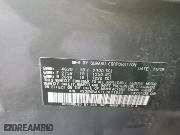 2020 Subaru Legacy with VIN 4S3BWAA67L3011838, listed as a Copart auction lot 89249595 with 93,148 mi miles and Salvage title. Bid and sale history available at DreamBid. Image 12.