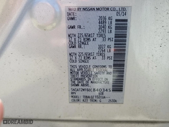 2014 Nissan Rogue SV with VIN 5N1AT2MT6EC840345, listed as a Copart auction lot 50964865 with 59,326 mi miles and Salvage Title. Bid and sale history available at carsss.com. Image 14.