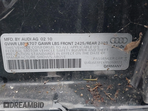 2010 Audi A4 2.0T Premium with VIN WAUAFAFL6AN053023, listed as a IAAI auction lot 41490360 with 153,419 mi miles. Bid and sale history available at carsss.com. Image 9.