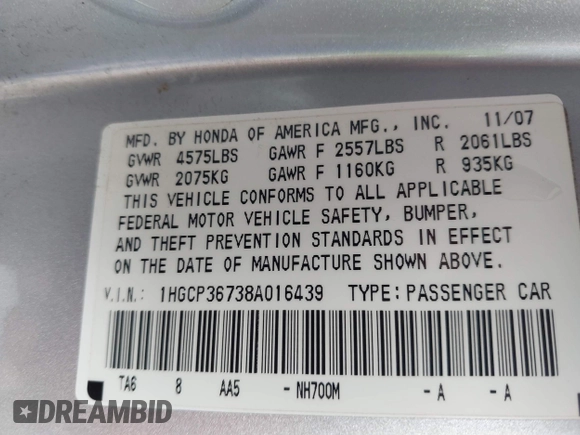 2008 Honda Accord EX with VIN 1HGCP36738A016439, listed as a IAAI auction lot 42254966 with 251,754 mi miles and . Bid and sale history available at DreamBid. Image 9.