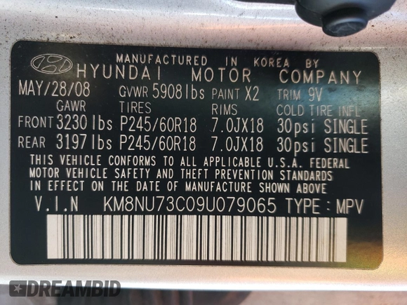 2009 Hyundai Veracruz GLS with VIN KM8NU73C09U079065, listed as a Copart auction lot 51765825 with 171,721 mi miles and Salvage title. Bid and sale history available at DreamBid. Image 13.