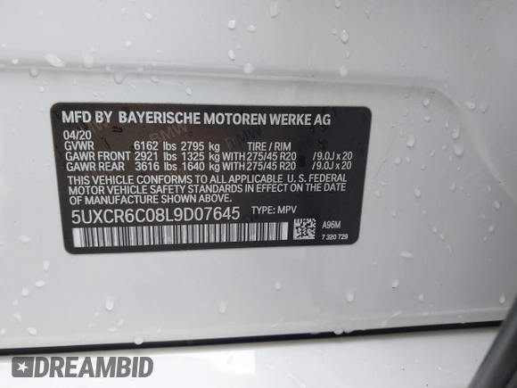 2020 BMW X5 xDrive40i with VIN 5UXCR6C08L9D07645, listed as a IAAI auction lot 41757971 with 87,157 mi miles. Bid and sale history available at carsss.com. Image 9.