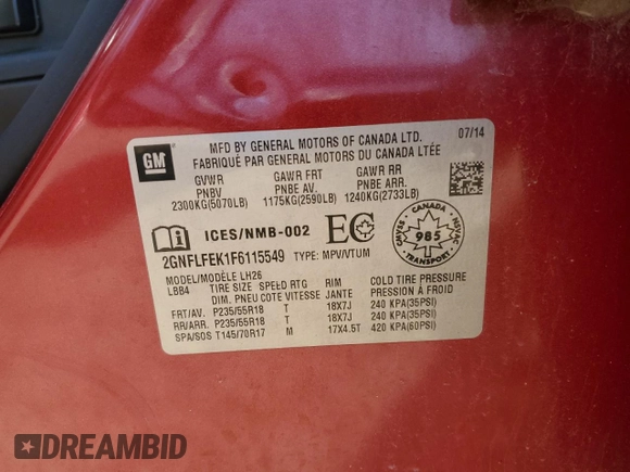 2015 Chevrolet Equinox LT with VIN 2GNFLFEK1F6115549, listed as a Copart auction lot 53390765 with 98,243 mi miles and Clean Title. Bid and sale history available at carsss.com. Image 13.