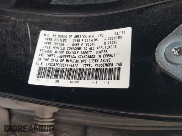 2014 Honda Accord Sedan Sport with VIN 1HGCR2F50EA176972, listed as a IAAI auction lot 41708707 with 124,310 mi miles. Bid and sale history available at carsss.com. Image 9.