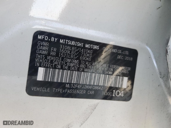 2019 Mitsubishi Mirage G4 SE with VIN ML32F4FJ2KHF08642, listed as a Copart auction lot 74317394 with 105,272 mi miles and Salvage Title. Bid and sale history available at carsss.com. Image 15.