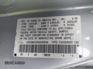 2005 Honda Accord LX with VIN 1HGCM663X5A069934, listed as a IAAI auction lot 41231379 with 191,556 mi miles and . Bid and sale history available at DreamBid. Image 9.