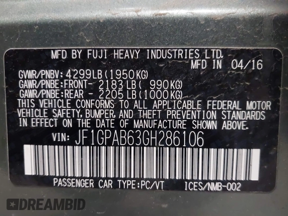 2016 Subaru Impreza Premium с VIN JF1GPAB63GH286106, выставлен на аукционе IAAI как лот 41984289 с пробегом 106 521 миль миль и . История ставок и продаж доступна на DreamBid. Изображение 9.