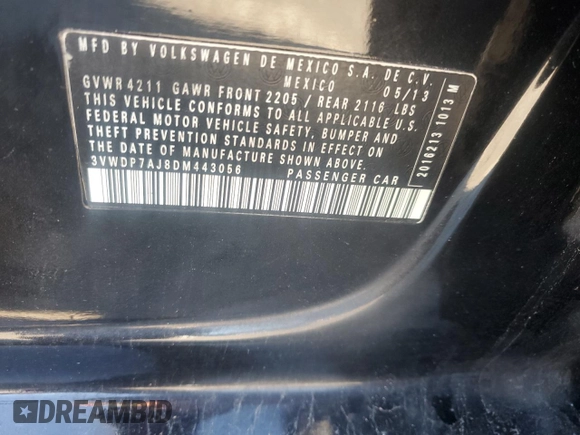 2013 Volkswagen Jetta SE with VIN 3VWDP7AJ8DM443056, listed as a Copart auction lot 87353414 with 266,562 mi miles and Clean title. Bid and sale history available at DreamBid. Image 12.