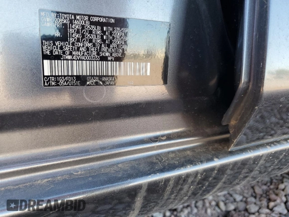 2010 Toyota RAV4 Sport with VIN JTMWK4DV9AD003233, listed as a Copart auction lot 53918805 with 147,127 mi miles and Salvage title. Bid and sale history available at DreamBid. Image 13.