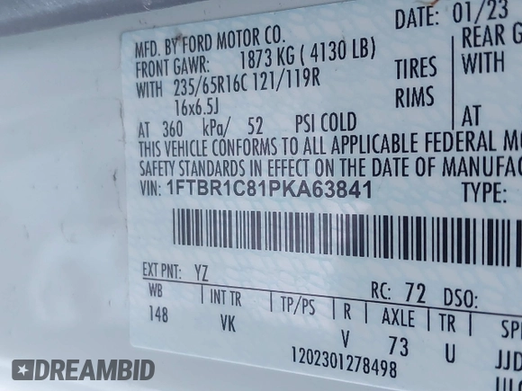 2023 Ford Transit Cargo with VIN 1FTBR1C81PKA63841, listed as a IAAI auction lot 41582275 with 33,915 mi miles and . Bid and sale history available at DreamBid. Image 9.