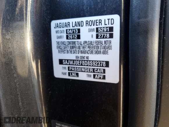 2013 Jaguar XF SC with VIN SAJWJ0EF8D8S92378, listed as a Copart auction lot 45106725 with Not Provided miles and Clean Title. Bid and sale history available at DreamBid. Image 12.