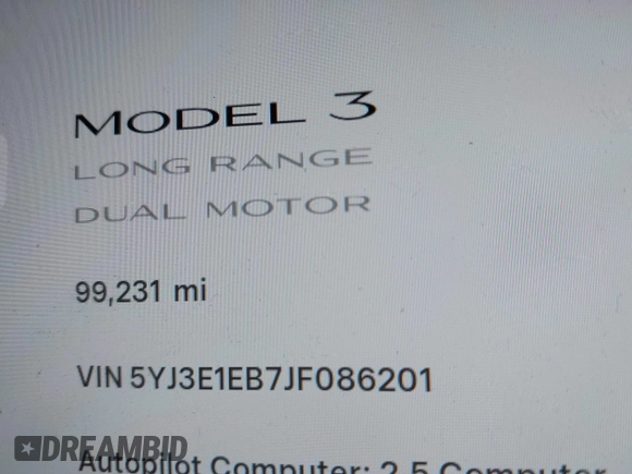 2018 Tesla Model 3 Long Range Battery with VIN 5YJ3E1EB7JF086201, listed as a IAAI auction lot 41965193 with 99,231 mi miles and . Bid and sale history available at DreamBid. Image 15.