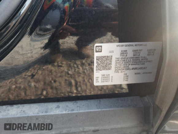 2022 Chevrolet Suburban High Country with VIN 1GNSKGKL4NR149167, listed as a Copart auction lot 70810774 with 54,817 mi miles and Salvage Title. Bid and sale history available at DreamBid. Image 14.