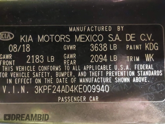 2019 Kia Forte LXS with VIN 3KPF24AD4KE009940, listed as a IAAI auction lot 41815645 with 68,075 mi miles and . Bid and sale history available at DreamBid. Image 9.