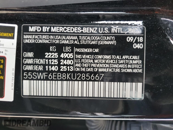 2019 Mercedes-Benz C 43 AMG with VIN 55SWF6EB8KU285667, listed as a Copart auction lot 52937315 with 57,274 mi miles and Salvage title. Bid and sale history available at DreamBid. Image 14.