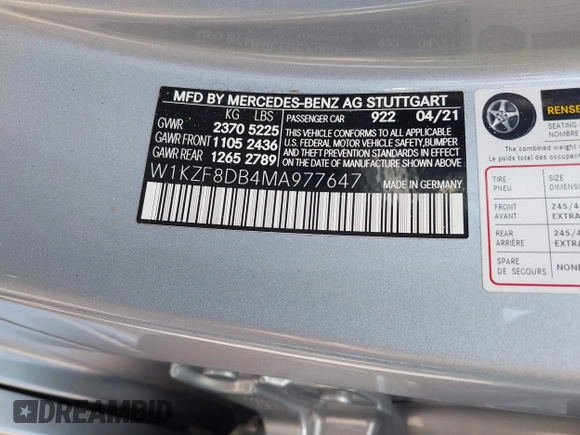 2021 Mercedes-Benz E 350 with VIN W1KZF8DB4MA977647, listed as a IAAI auction lot 42241573 with 33,666 mi miles and . Bid and sale history available at DreamBid. Image 9.