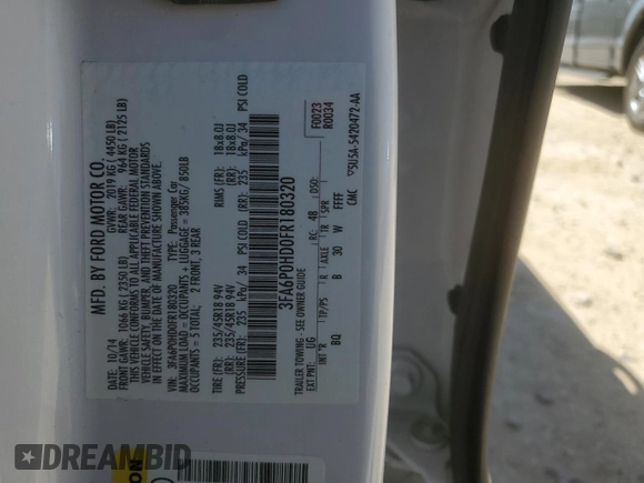 2015 Ford Fusion SE with VIN 3FA6P0HD0FR180320, listed as a Copart auction lot 48868735 with 114,361 mi miles and Salvage Title. Bid and sale history available at DreamBid. Image 12.