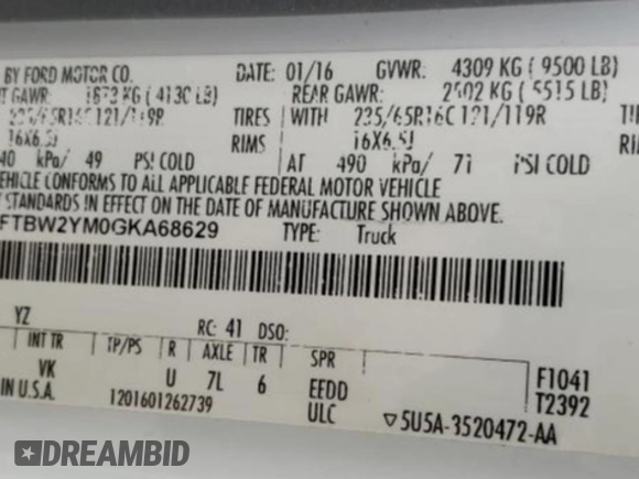 2016 Ford Transit with VIN 1FTBW2YM0GKA68629, listed as a Copart auction lot 65483594 with 80,833 mi miles and Salvage Title. Bid and sale history available at DreamBid. Image 14.