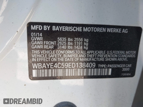 2014 BMW 7 Series 740Li with VIN WBAYE4C59ED138409, listed as a IAAI auction lot 41785423 with 121,687 mi miles. Bid and sale history available at carsss.com. Image 9.