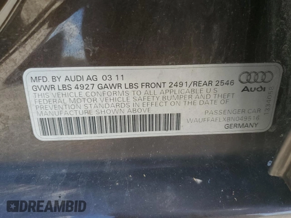 2011 Audi A4 2.0T Premium Plus with VIN WAUFFAFLXBN049516, listed as a Copart auction lot 54549225 with 113,741 mi miles and Salvage Title. Bid and sale history available at carsss.com. Image 13.