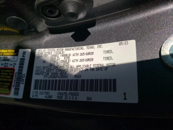 2023 Toyota Tundra SR5 with VIN 5TFLA5DB6PX105842, listed as a Copart auction lot 44166955 with 20,555 mi miles and Salvage title. Bid and sale history available at DreamBid. Image 12.