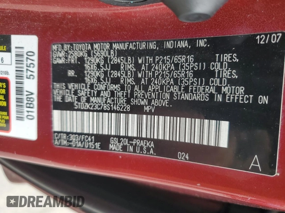 2008 Toyota Sienna CE with VIN 5TDZK23C78S146228, listed as a Copart auction lot 51053115 with 152,658 mi miles and Salvage Title. Bid and sale history available at carsss.com. Image 13.