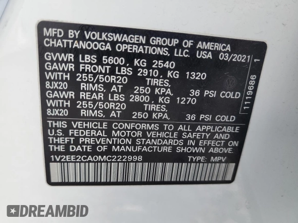 2021 Volkswagen Atlas SEL with VIN 1V2EE2CA0MC222998, listed as a Copart auction lot 57527635 with 100,802 mi miles and Salvage title. Bid and sale history available at DreamBid. Image 13.