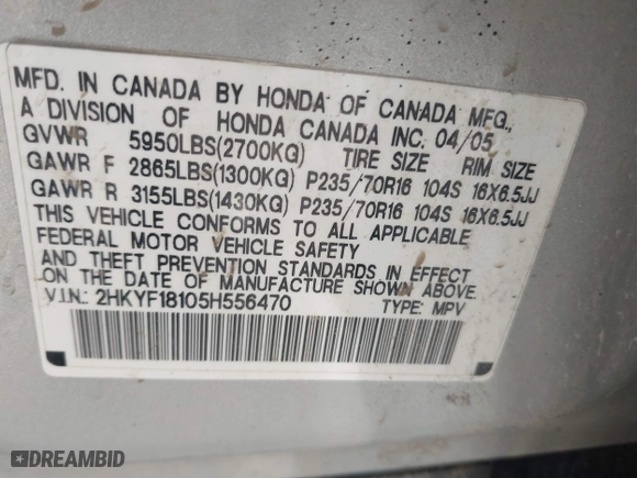 2005 Honda Pilot LX with VIN 2HKYF18105H556470, listed as a IAAI auction lot 42094372 with 266,089 mi miles. Bid and sale history available at carsss.com. Image 9.