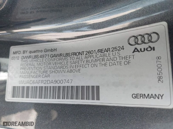 2013 Audi RS 5 with VIN WUAC6AFR2DA900747, listed as a IAAI auction lot 41822517 with 76,468 mi miles. Bid and sale history available at carsss.com. Image 9.