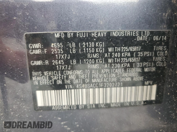 2015 Subaru Outback Premium with VIN 4S4BSACC1F3202721, listed as a Copart auction lot 63549565 with 178,771 mi miles and Clean title. Bid and sale history available at DreamBid. Image 12.