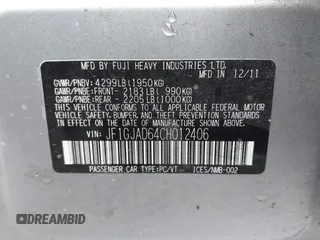 2012 Subaru Impreza Premium с VIN JF1GJAD64CH012406, выставлен на аукционе IAAI как лот 41993378 с пробегом 96 706 миль миль и . История ставок и продаж доступна на DreamBid. Изображение 9.
