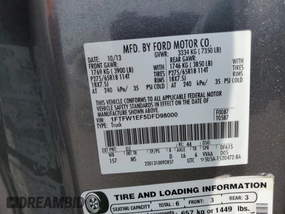 2013 Ford F-150 XL with VIN 1FTFW1EF5DFD98000, listed as a Copart auction lot 53516905 with 292,000 mi miles and Salvage title. Bid and sale history available at DreamBid. Image 12.
