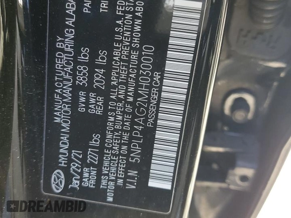 2021 Hyundai Elantra Limited with VIN 5NPLP4AG2MH030010, listed as a Copart auction lot 49038605 with 85,198 mi miles and Salvage Title. Bid and sale history available at DreamBid. Image 12.