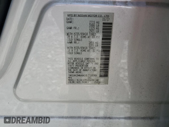 2017 Nissan Pathfinder SL with VIN 5N1DR2MNXHC675899, listed as a Copart auction lot 59728355 with 145,402 mi miles and Salvage title. Bid and sale history available at DreamBid. Image 13.