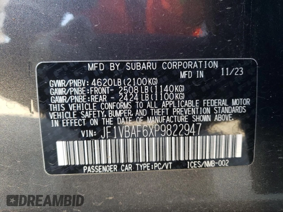 2023 Subaru WRX Premium with VIN JF1VBAF6XP9822947, listed as a Copart auction lot 89000695 with 22,797 mi miles and Salvage Title. Bid and sale history available at carsss.com. Image 13.