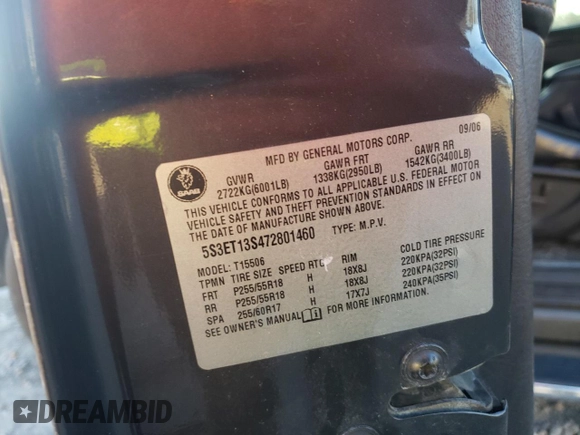 2007 Saab 9-7X I6 with VIN 5S3ET13S472801460, listed as a Copart auction lot 46305395 with 180,567 mi miles and Salvage Title. Bid and sale history available at carsss.com. Image 14.