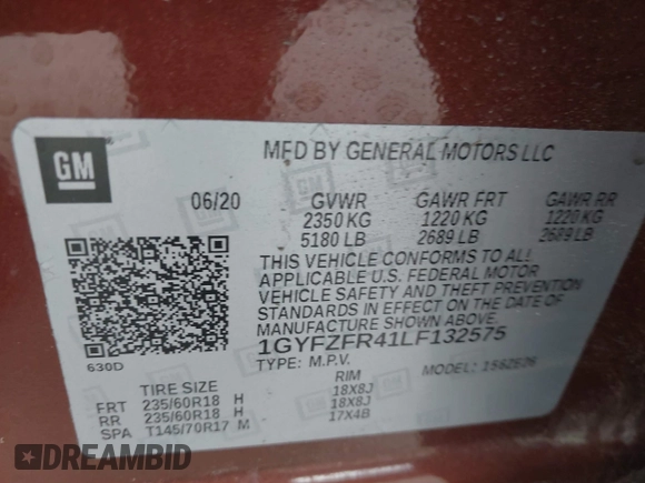 2020 Cadillac XT4 AWD Sport with VIN 1GYFZFR41LF132575, listed as a IAAI auction lot 41504745 with 73,966 mi miles and . Bid and sale history available at carsss.com. Image 9.
