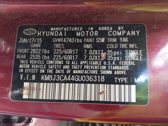 2016 Hyundai Tucson SE with VIN KM8J3CA44GU036318, listed as a IAAI auction lot 41920096 with 189,100 mi miles. Bid and sale history available at carsss.com. Image 9.