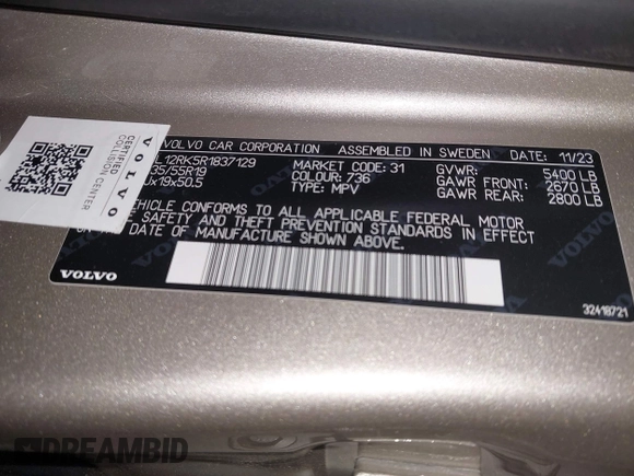 2024 Volvo XC60 Core Dark Theme z VIN YV4L12RK5R1837129, wystawiony jako IAAI lot #41988882 z przebiegiem Nie podano mil oraz . Historia ofert i sprzedaży dostępna na DreamBid. Obrazek 9.